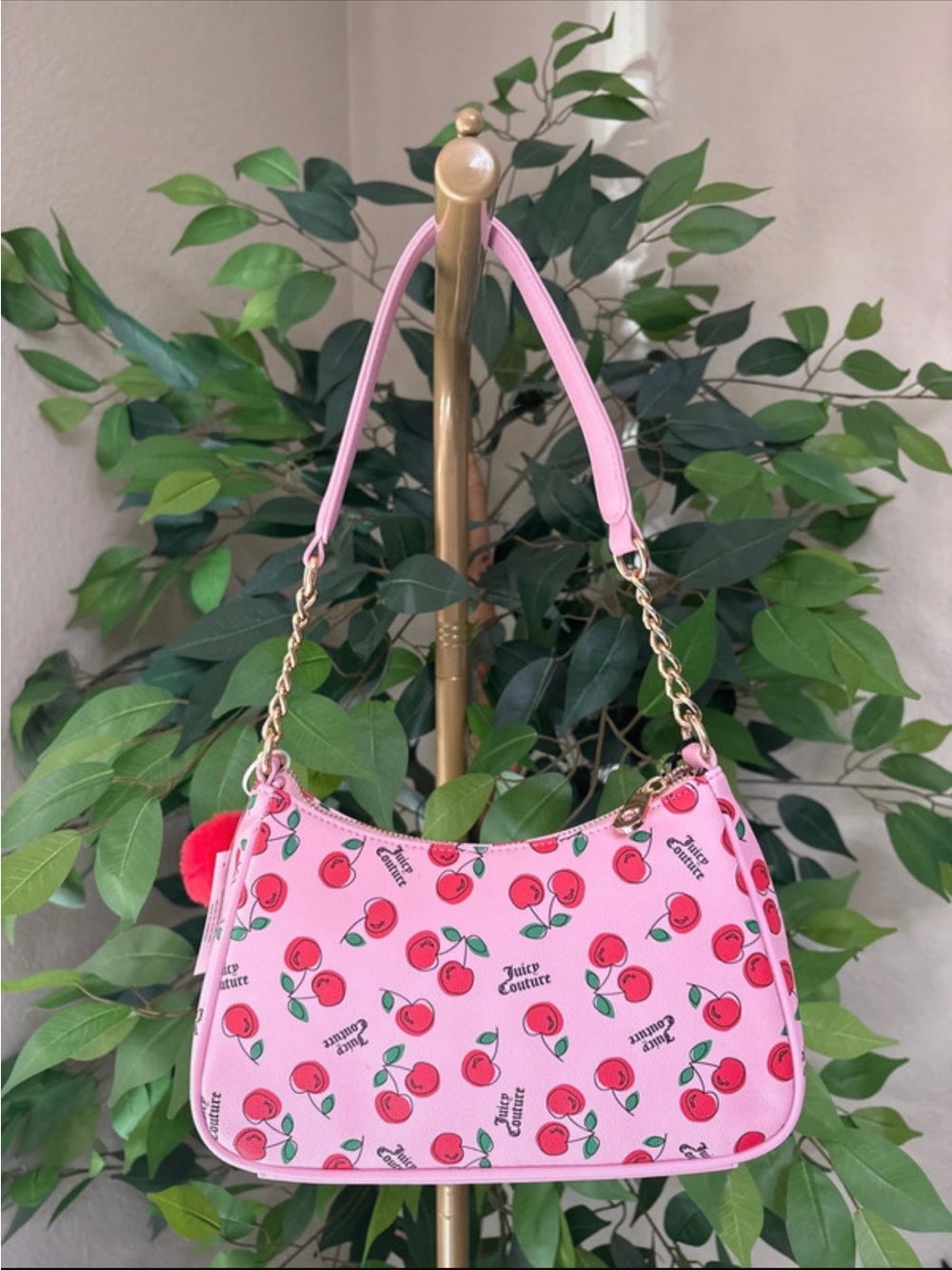 Juicy Couture Cherry Girl Pink Cherry Print Shoulder Bag with Pom Pom - Picture 4 of 7